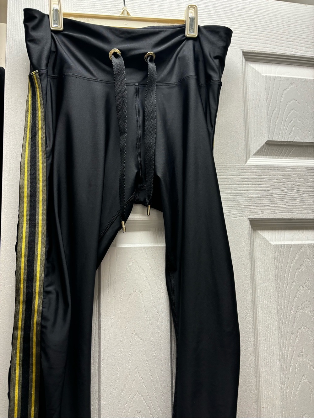 Black Drawstring Leggings with Yellow Stripe Detail